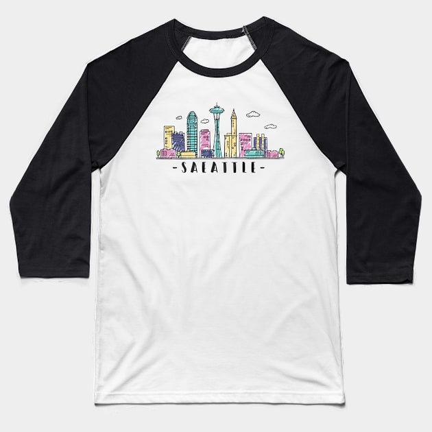 Seattle Washington Grey Skyline Hand Drawn Style Baseball T-Shirt by RajaGraphica